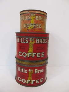 lot 52 image: Lot of 3 Vintage 1930s Metal HILLS BROS Advertising Coffee Cans