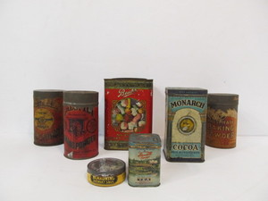 lot 66 image: Group of Antique Advertising Tins - Candy Cocoa Baking Powder etc