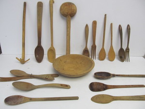 lot 28 image: Lot of Antique Wooden Spoons Forks etc