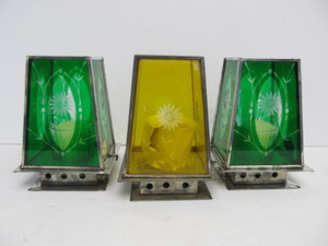 lot 30 image: 3 Vintage Etched Colored Glass Candle Holders