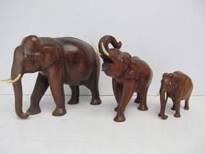 lot 31 image: 3 Vintage Hand Carved Hardwood Elephant Statues