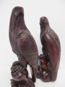 lot 32 image: 2 Vintage Hand Carved Signed Wooden Eagle Statues