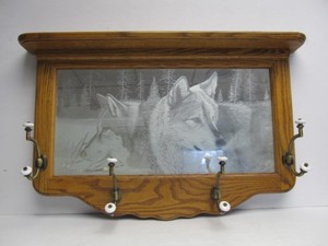 lot 75 image: Nice Wooden Etched Wolf Scene Mirror CoatHat Rack