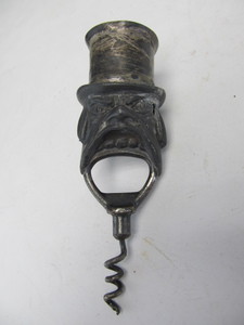 lot 23 image: Antique Double Sided Figural Angry Man in Top Hat Corkscrew Bottle Opener Shot Glass
