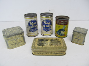 lot 36 image: Group of Vintage & Antique Advertising Tins Coin Banks etc
