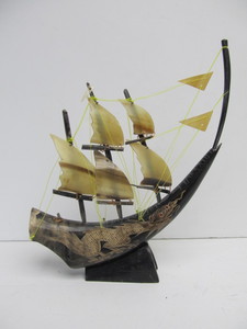lot 85 image: Vintage Carved Buffalo Horn Pirate Ship