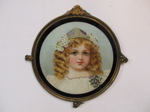 lot 103 image: Antique Round Brass Framed Young Girl Litho Portrait