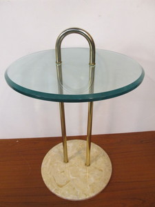 lot 105 image: Vintage Heavy Leaded Glass Round Cocktail Table wBrass Handle & Marble Base