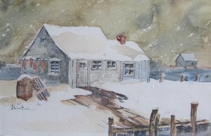 lot 117 image: Vintage Mid Century Signed Original Watercolor Winter Farm Scene Painting - Nolan Buck
