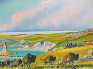 lot 120 image: Signed Oil on Canvas Western Landscape Painting w Buffalo Herd & Locomotive