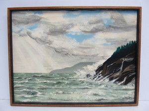 lot 121 image: Vintage Framed Signed Seascape Shoreline Oil Painting