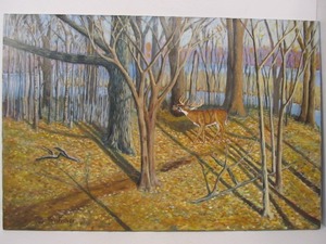lot 151 image: Signed Original Oil on Canvas Deer in Woods Painting by MN Artist Tom Fisher