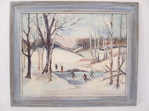 lot 152 image: Vintage Signed & Dated Kids Skating on Frozen Pond Winter Scene Oil Painting