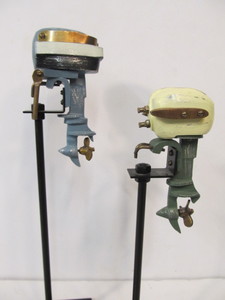 lot 214 image: Vintage Style Hand Painted Metal Outboard Motors Desk Statues on Stands
