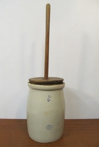 lot 226 image: Antique RED WING 2 Gallon Stoneware Butter Churn (Hairline) wOld Period Wood Lid & Dasher