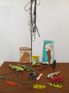 lot 234 image: Group of Fishing Tackle Supplies & Carved Wooden Fish Decoys