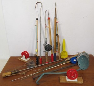 lot 235 image: Lot of Vintage etc Ice Fishing Rods Scoops etc
