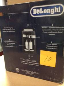 lot 10 image: 10-Cup Black Stainless Steel Drip Coffee Maker with Thermal Carafe by DeLonghi in good condition