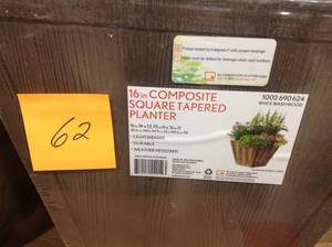 lot 62 image: 16 in. Square Composite Tapered Faux Wood Planter in White Washed Wood finish not used
