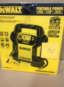 lot 96 image: DEWALT 1400 Peak Amp Jump Starter with Digital Compressor DXAEJ14open box in like new condition