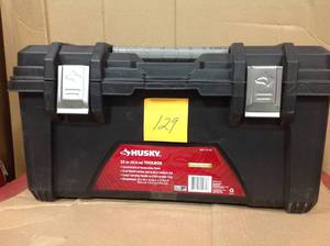 lot 129 image: Husky 22 in. Plastic Portable Tool Box with Metal Latches in Blackopen box in like new condition