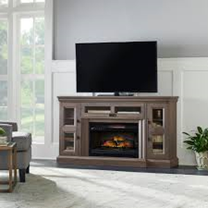 lot 155 image: Home Decorators Abigail 60in Media Console Infrared Electric Fireplace in Gray Aged Oak Finish not used
