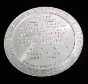 lot 52 image: 1 TROY OZ. .999 FINE SILVER 2nd AMENDMENT RIGHT TO BEAR ARMS