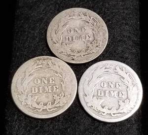 lot 66 image: 3 BARBER SILVER DIMES 1906 1907 1912