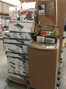 lot 18 image: Pallet of assorted Housewares, Tools and more includes Ice Maker, Microwave, Hoods, new tile cutters  Laundry Sink, shelf and more