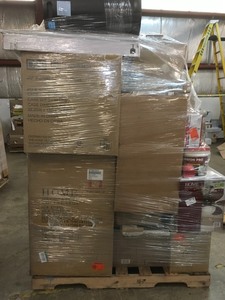 lot 20 image: Pallet with assorted Housewares and Home Decor includes Ceilin fans, Panaromic, Toilet Parts, Furniture, misc Tools and More