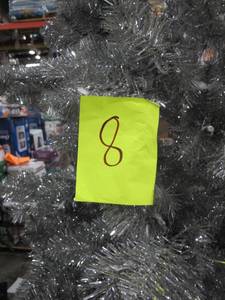Artificial LED Tree in silver tinsel, roughly 11 feet tall by Vickerman