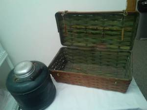 lot 167 image: Vintage One gallon picnic jug cooler & picnic basket Ceramic liner