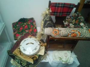lot 170 image: Vintage China bowl, toddler trainer  linens.