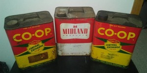 lot 175 image: 3 - 2 gallon Vintage fuel cans, Farmer  s Union Co - op.