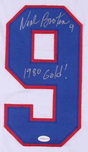 lot 39 image: Neal Broten Signed Team USA White Jersey Inscribed 1980 Gold (TSE COA)