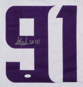 lot 23 image: Stephen Weatherly Signed White Vikings Jersey (JSA COA)