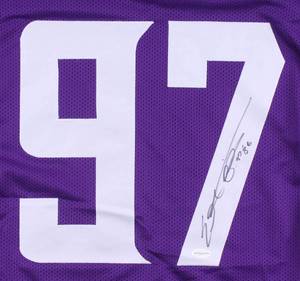 lot 12 image: Everson Griffen Signed Purple Jersey Inscribed BG (JSA COA)