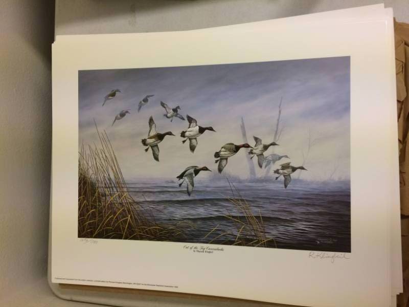lot 21 image: Out Of The Fog Canvasbacks by Rhynard Klingbeil Signed & Numbered Limited Edition Print Size With Border Approx 22x17