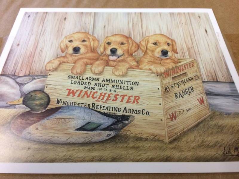 lot 79 image: Golden Retriever Puppies Smallarms Ammunition By Carl Melichar Signed & Numbered Limited Edition Print Size With Border Approx 25x20