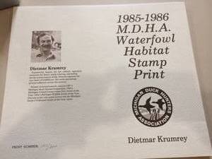 lot 9 image: 1985 1986 M.D.H.A Waterfowl Habitat Stamp and Print Signed 127300 Dietmar Krumrey Includes Stamp