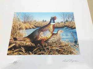lot 22 image: 1992 STATE PHEASANT STAMP PRINT SIGNED by David Chapman LIMITED #2500  The image size is 9 wide by 6.5 10th Anniversary Imprint
