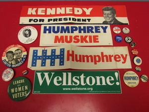 lot 353 image: VINTAGE JFK, CARTER, HUMPHREY, POLITICAL BUTTONS, MEMORABILIA