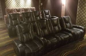 lot 4 image: Palliser Home Theater Leather Recliner Seating, Row 1 of 2