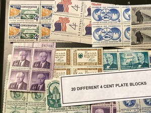 (20) Different 4-Cent Stamp Plate Blocks