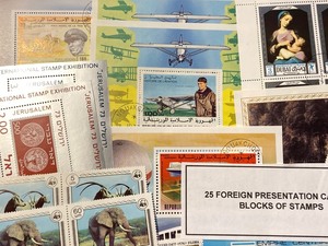 (25) Foreign Presentation Cards & Blocks Of Stamps