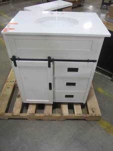 lot 112 image: Style Selections Morriston White Single Sink Vanity with White Engineered Stone Top (Common 30-in x 20-in) WSL30BVW
