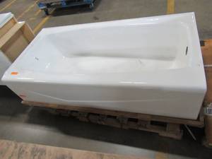 lot 309 image: Steel RH Drain Bathtub in White, 60 X 30 X 15 Tall. Nicks on Bottom of Apron in Both RH and LH Corners
