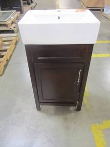 lot 119 image: Home Decorators Collection Arvesen 18 in. W x 12 in. D Vanity in Tobacco with Ceramic Vanity Top in White with White Basin Arvesen 18T