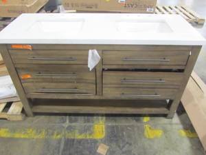 lot 121 image: allen  roth Kennilton 60-in Gray Oak Double Sink Bathroom Vanity with Carrera White Engineered Stone Top WSLW60IFV