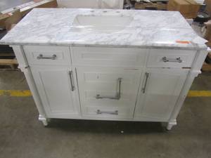 lot 122 image: Home Decorators Collection Aberdeen 48 in. W x 22 in. D Vanity in White with Carrara Marble Top with White Sink Aberdeen 48W